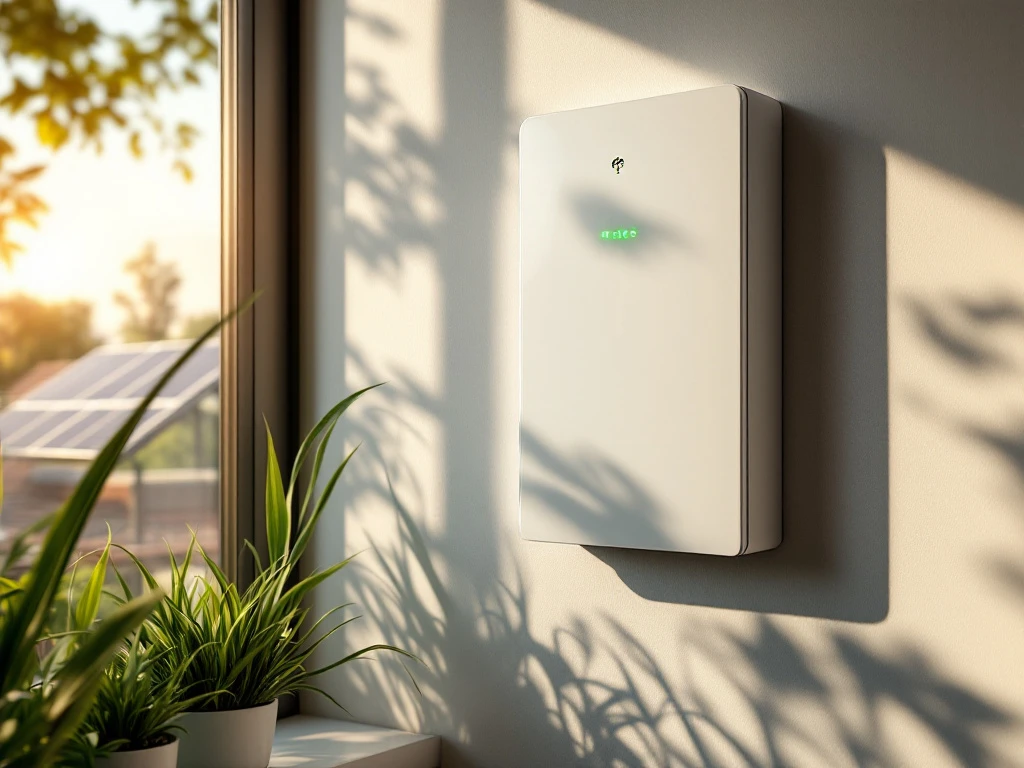 Witte thuisbatterij met groene LED-indicatoren op moderne muur, zonnepanelen zichtbaar door raam op achtergrond