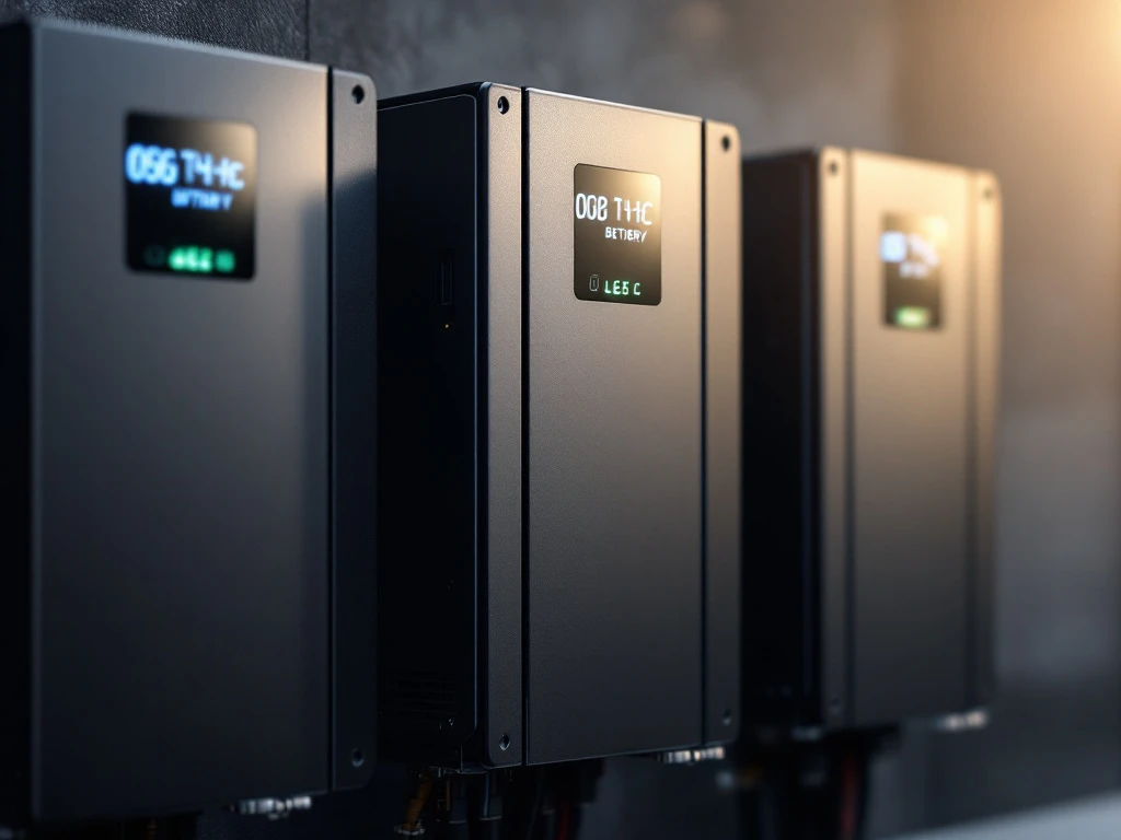 Drie moderne thuisbatterijen met LED-indicatoren en technische specificaties voor energieopslag in huis