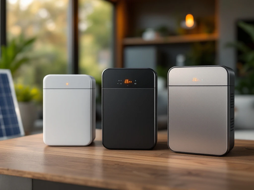 Drie thuisbatterijen in wit, zwart en grijs op houten oppervlak met LED-indicatoren en zonnepanelen op achtergrond