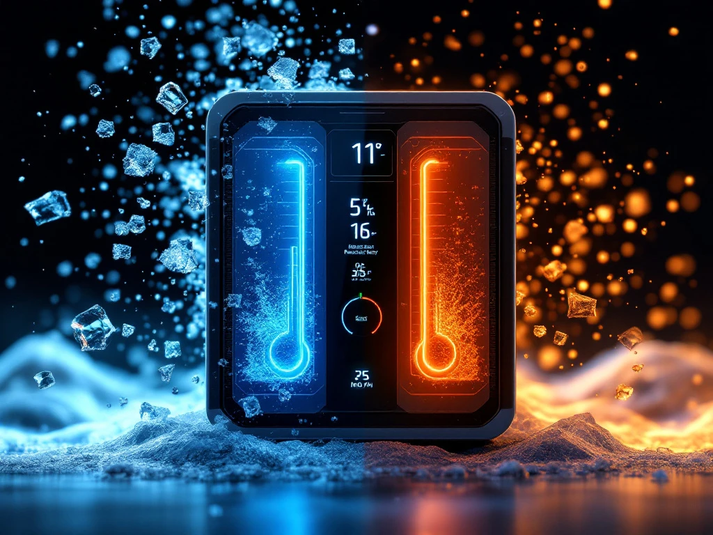 Moderne thuisbatterij met temperatuurindicatoren tussen koude en warme omgevingsomstandigheden, energiestroom zichtbaar