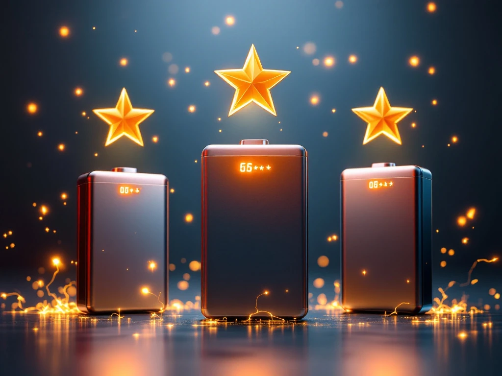 Drie moderne thuisbatterijen met LED-indicatoren en gouden sterrenbeoordelingen op blauwe naar oranje achtergrond