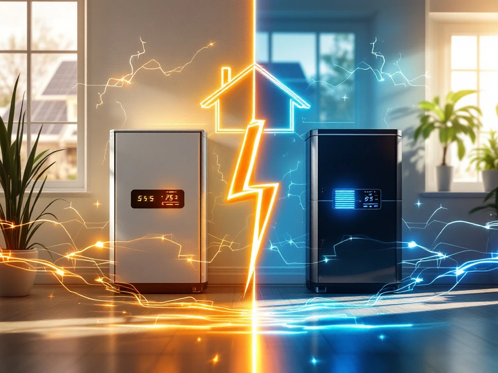 Vergelijking van twee moderne thuisbatterijsystemen met zonnepanelen en energie-indicatoren in verlichte ruimte.