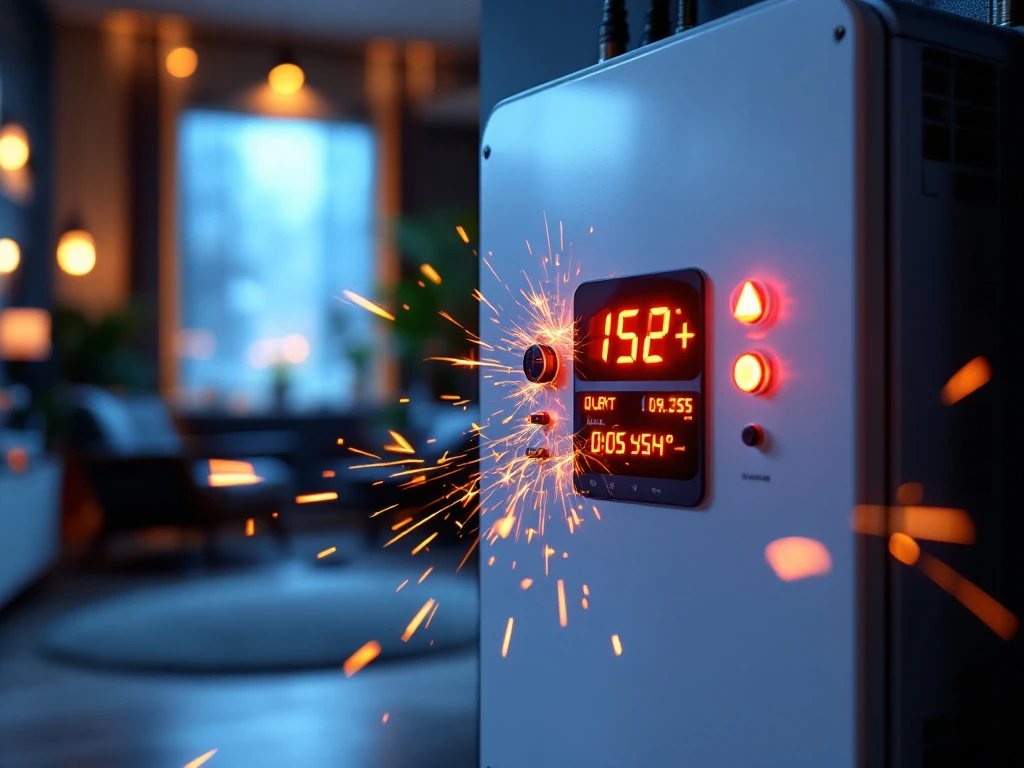 Moderne thuisbatterij met rode waarschuwingslampjes en elektrische vonken in huisinterieur