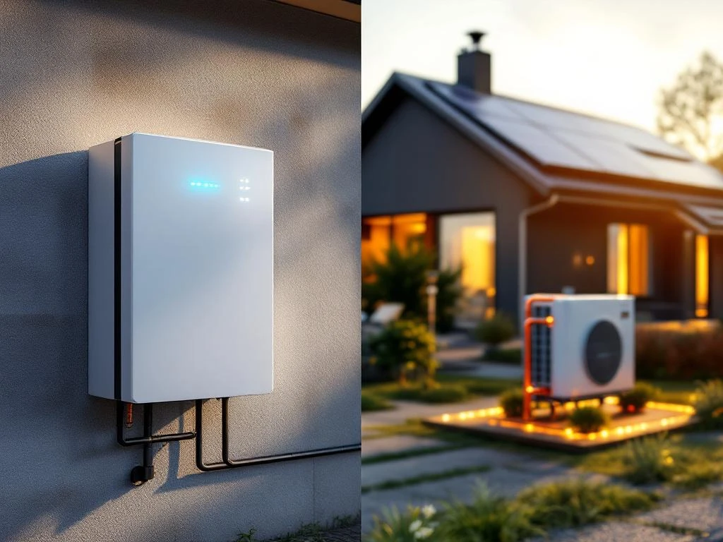 Wit batterijopslagsysteem en warmtepomp geïnstalleerd bij modern huis met zonnepanelen tijdens gouden uur
