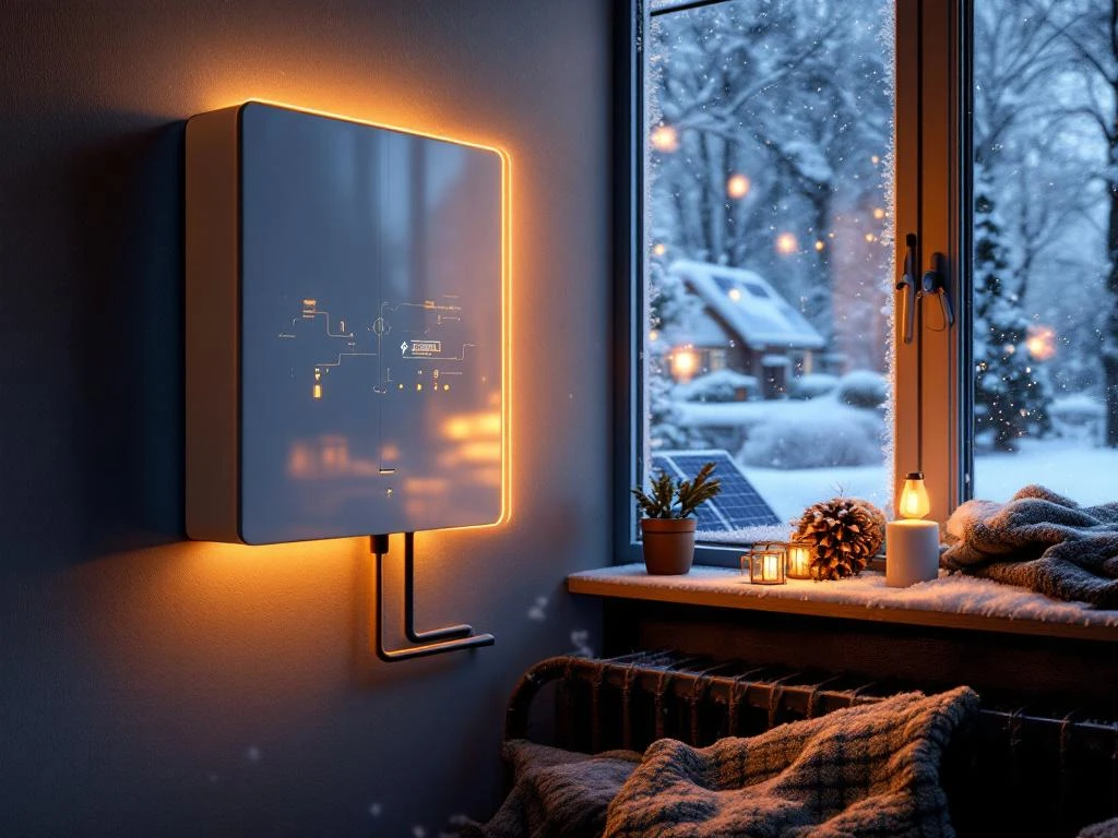 Moderne thuisbatterij aan muur in Nederlands huis tijdens winter, met besneeuwde zonnepanelen zichtbaar door raam
