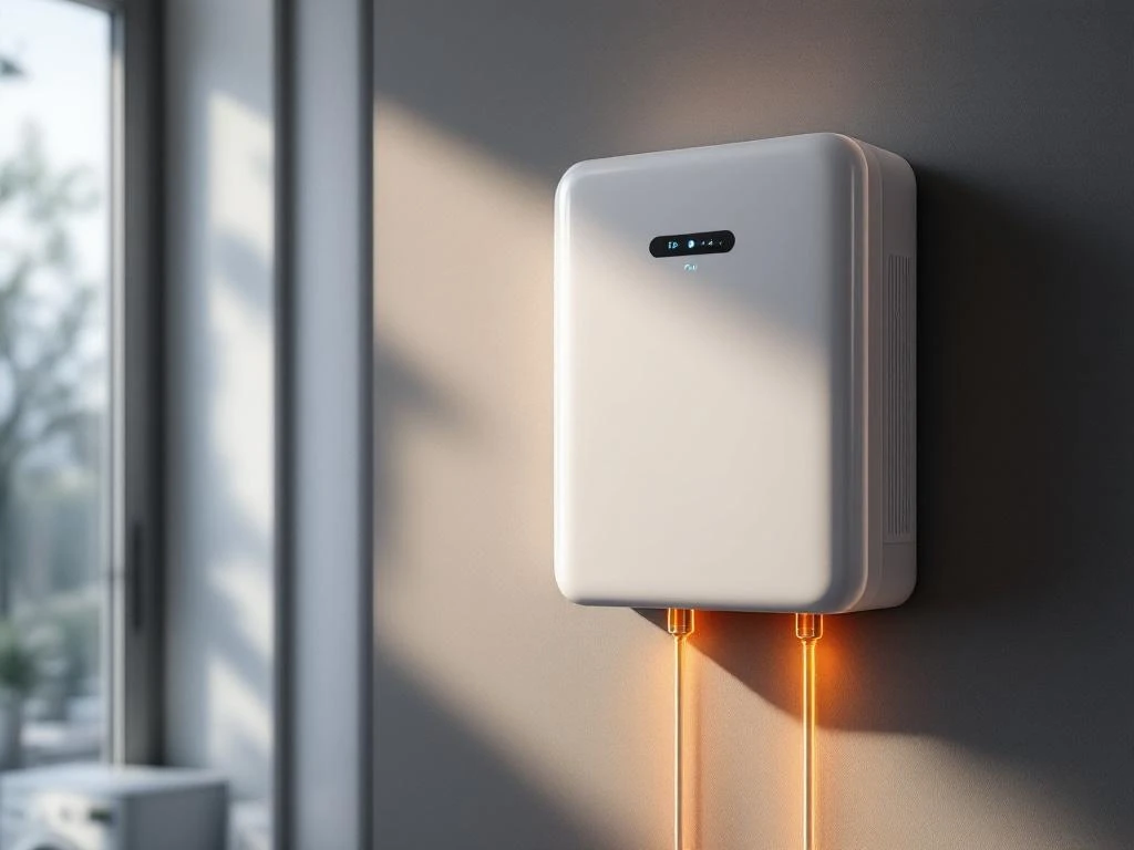 Witte huisbatterij met blauwe LED-indicator op muur, verbonden met huishoudelijke apparaten via energiestromen