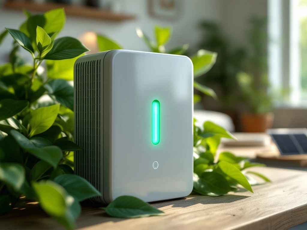 Moderne thuisbatterij met groene gloed tussen bladeren en zonnepanelen op houten oppervlak in woonkamer