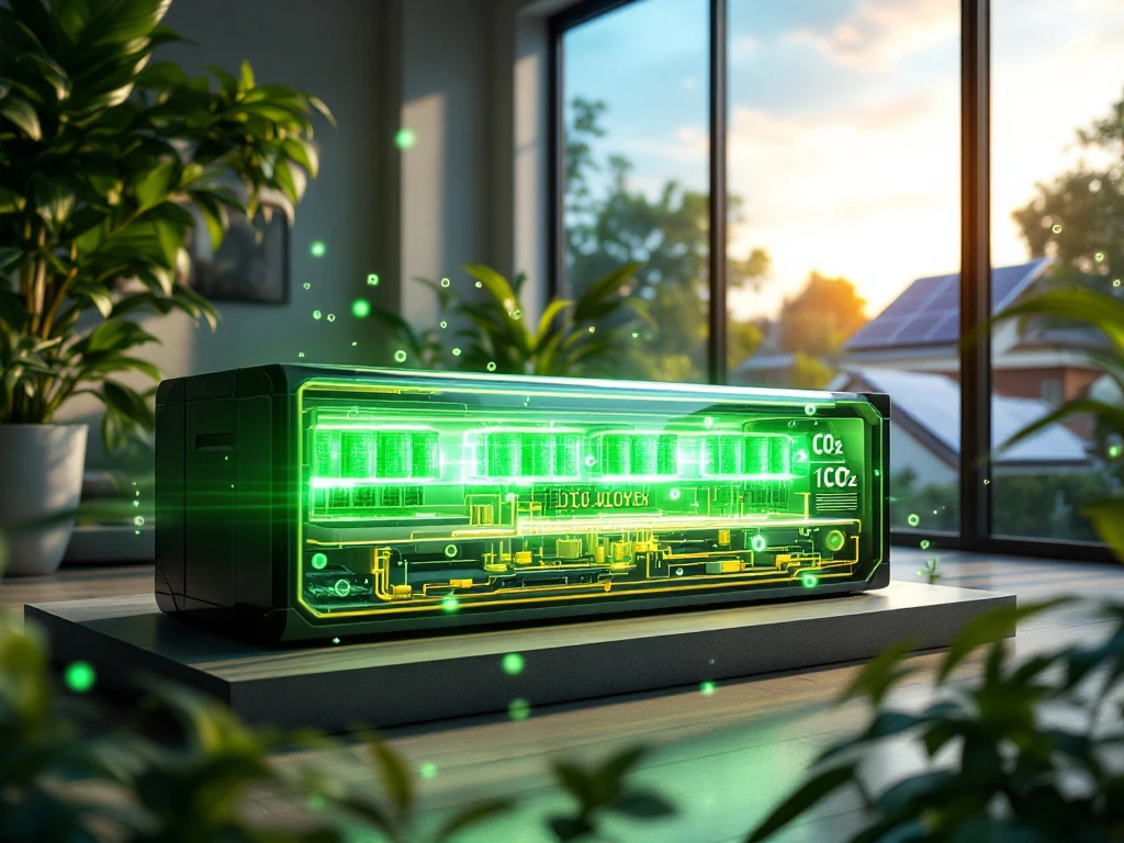 Moderne thuisbatterij in doorsnede met groene energiecellen, zonnepanelen op dak, planten en schone luchtdeeltjes