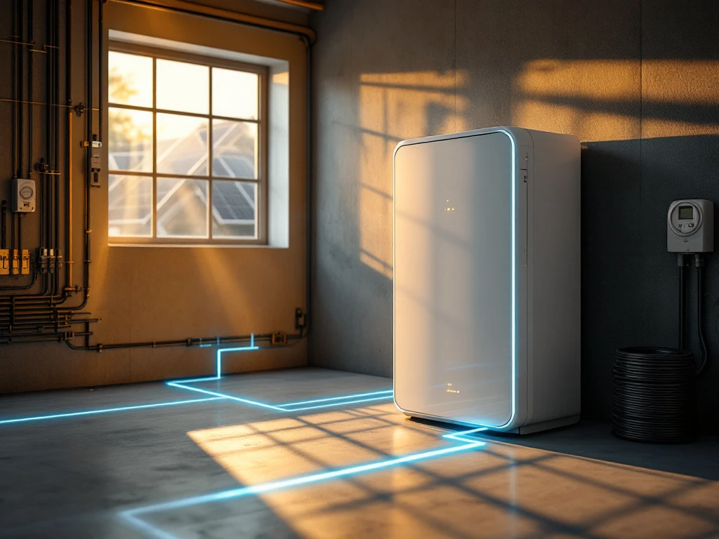 Witte thuisbatterij in moderne garage met zonnepanelen op achtergrond en blauwe energiestromen naar huisinstallatie