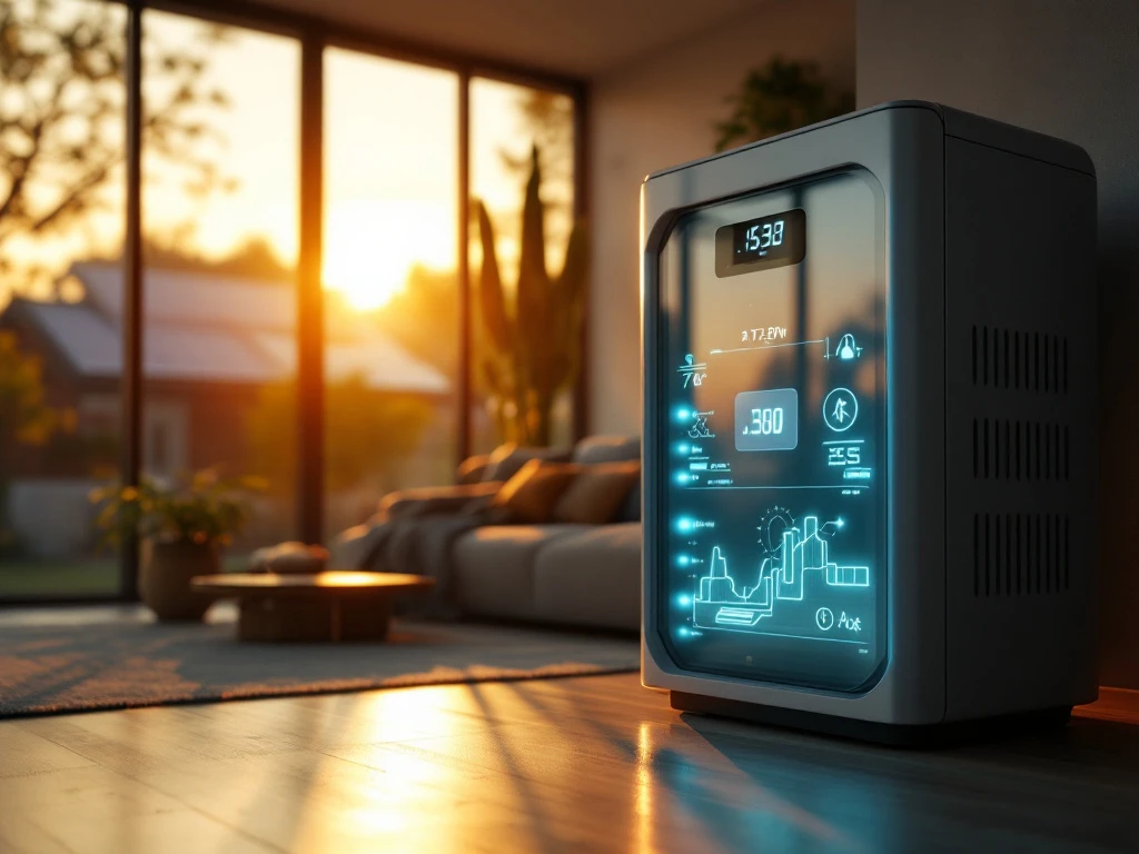 Moderne thuisbatterij met blauwe LED-indicatoren in woonkamer, zonnepanelen zichtbaar door raam met warm zonlicht
