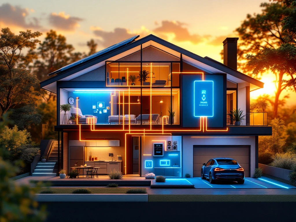 Moderne huisbatterij met blauwe LED-indicatoren verbonden met zonnepanelen en elektrische auto in doorsnede woning