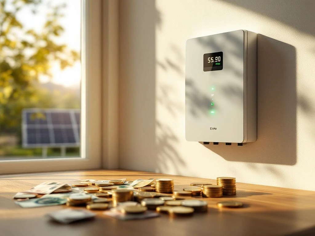 Moderne thuisbatterij aan witte muur met euro's op houten tafel en zonnepanelen zichtbaar door raam
