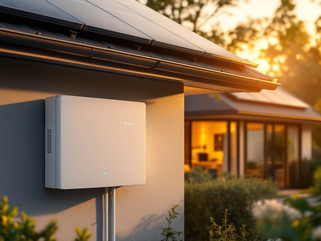 Witte thuisbatterij gemonteerd op garagemuur met blauwe LED-indicatoren, zonnepanelen op dak, moderne Nederlandse woning op achtergrond