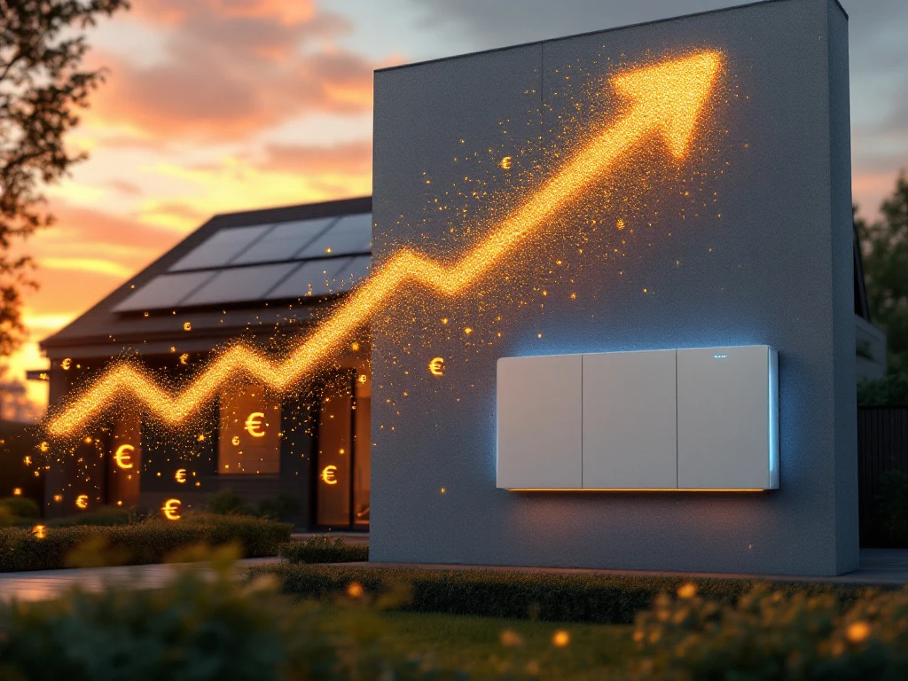 Moderne woning met wandgemonteerd batterijsysteem en zonnepanelen, omgeven door gouden lichtdeeltjes en euro symbolen