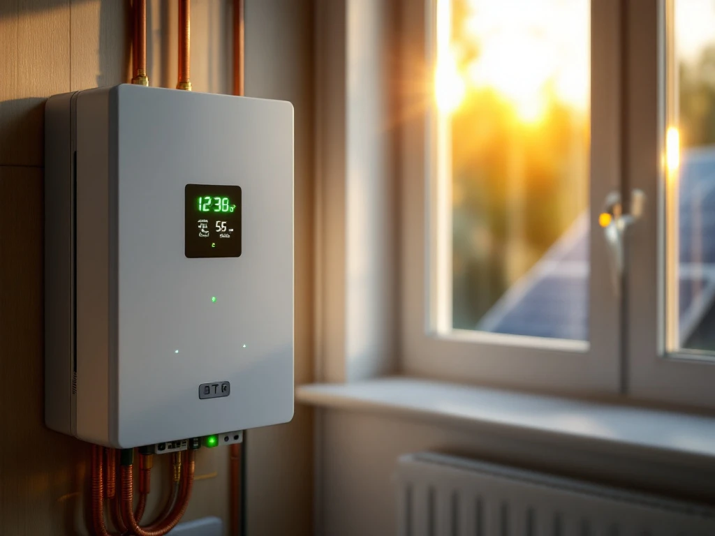 Moderne thuisbatterij met LED-indicatoren naast digitale slimme meter, zonnepanelen zichtbaar op achtergrond