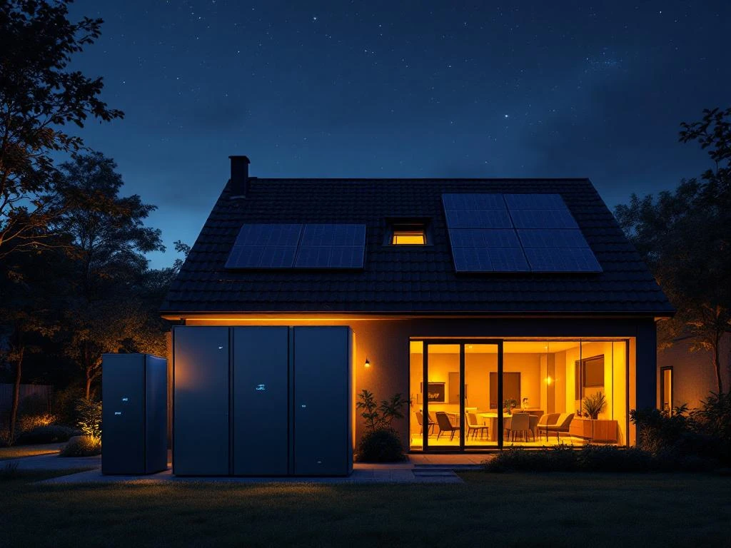 Grote thuisbatterijen voor moderne Nederlandse woning met zonnepanelen op dak tijdens nachtelijke uren met warme raamverlichting