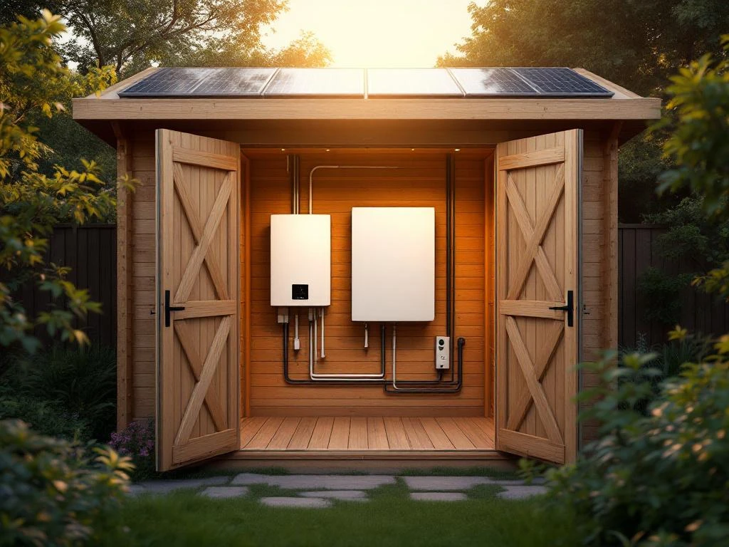 Houten tuinschuur met open deur toont witte thuisbatterij aan muur, zonnepanelen op dak, groene tuin eromheen