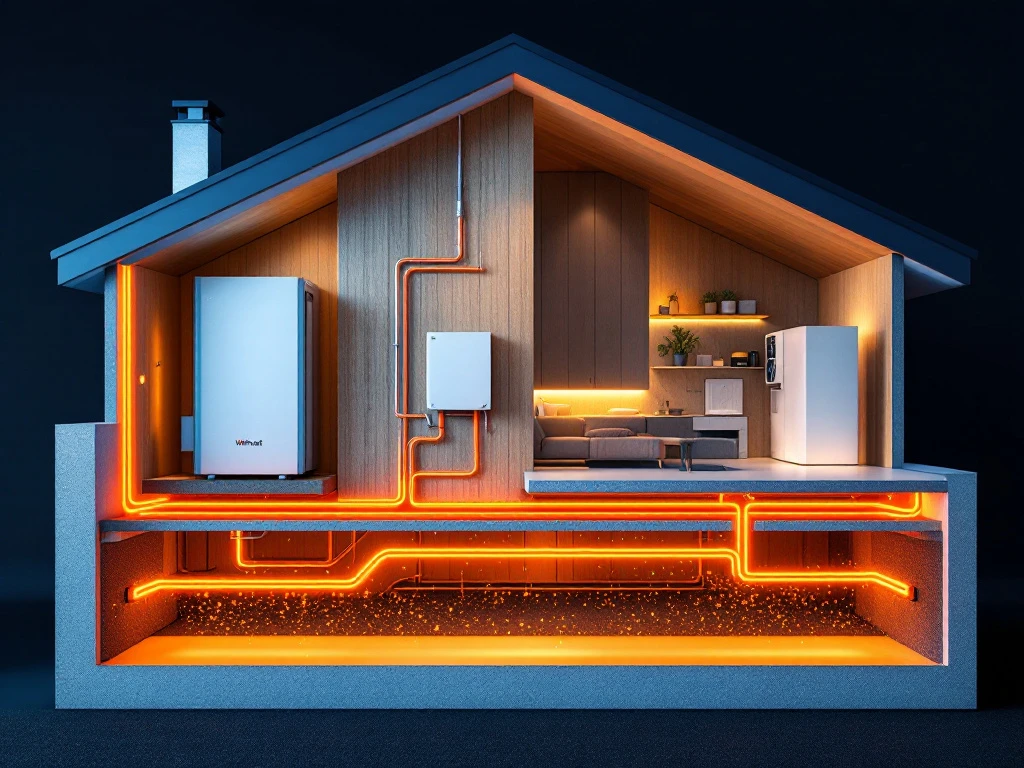 Doorsnede van modern huis met vloerverwarming en Weheat warmtepomp systeem met energiestroom visualisatie