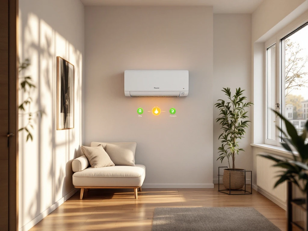 Weheat warmtepomp gemonteerd op witte muur in modern Scandinavisch appartement met houten vloer en grote ramen