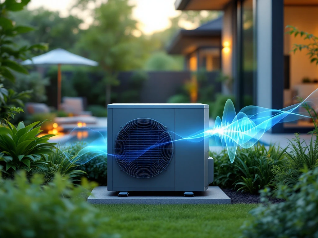 Moderne warmtepomp in rustige tuin met blauwe geluidsgolven, groene beplanting en kalme woonsfeer