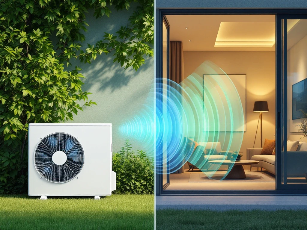 Moderne witte warmtepomp buiten met geluidsgolven die naar gezellige woonkamer binnen stromen, split-screen weergave