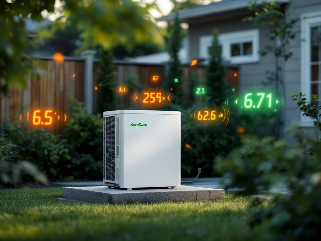 Witte warmtepomp in rustige tuin met visualisatie van geluidsgolven en decibelniveau-indicatoren op betonnen pad