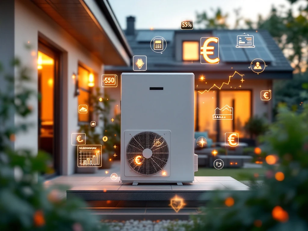 Moderne warmtepomp voor Nederlandse woning met prijslabels, euro-symbolen en energiekosten calculatie overlay