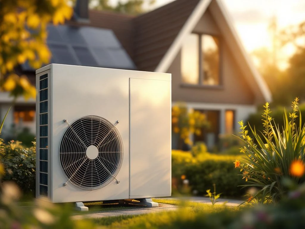 Moderne witte warmtepomp in zonlicht voor Nederlandse woning met zonnepanelen, groene energie-effecten zichtbaar