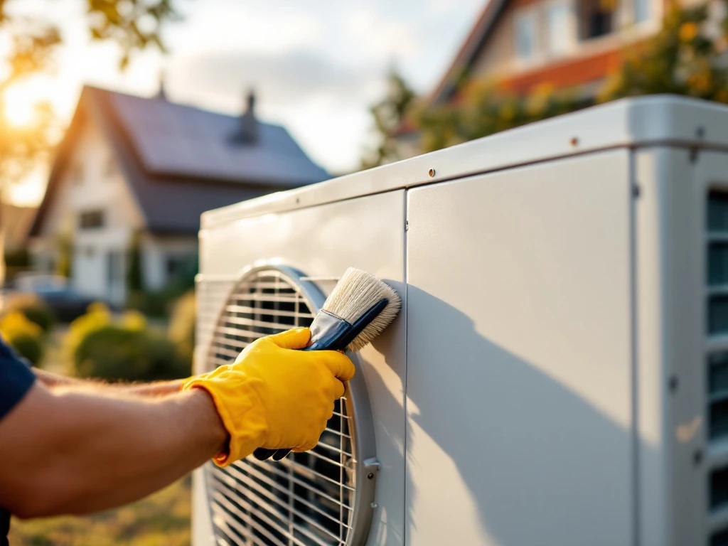 Technicus onderhoudt witte Weheat warmtepomp met zachte borstel bij modern Nederlands huis met zonnepanelen