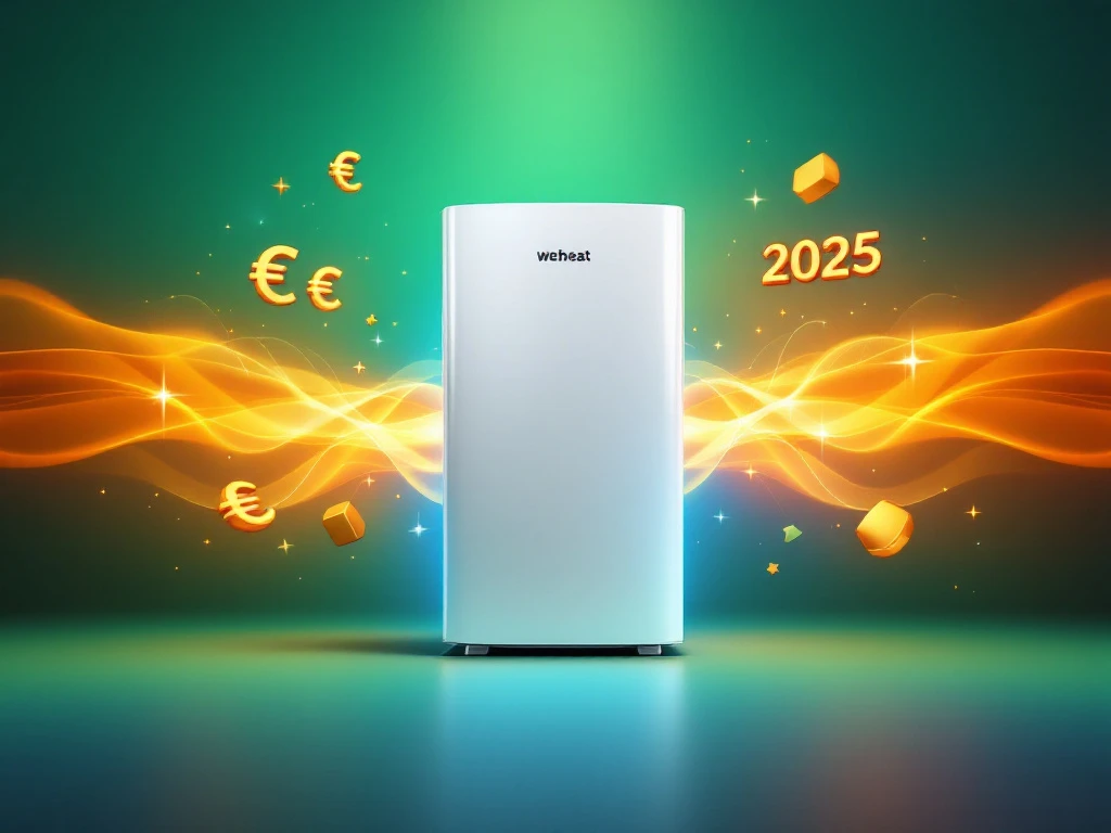 Witte Weheat warmtepomp met gouden eurosymbolen en 2025 cijfers op groene achtergrond, symboliseert subsidies