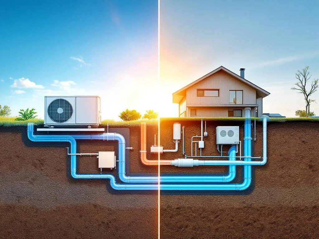 Doorsnede van lucht-water warmtepomp (links) en geothermische warmtepomp (rechts) aangesloten op moderne woning