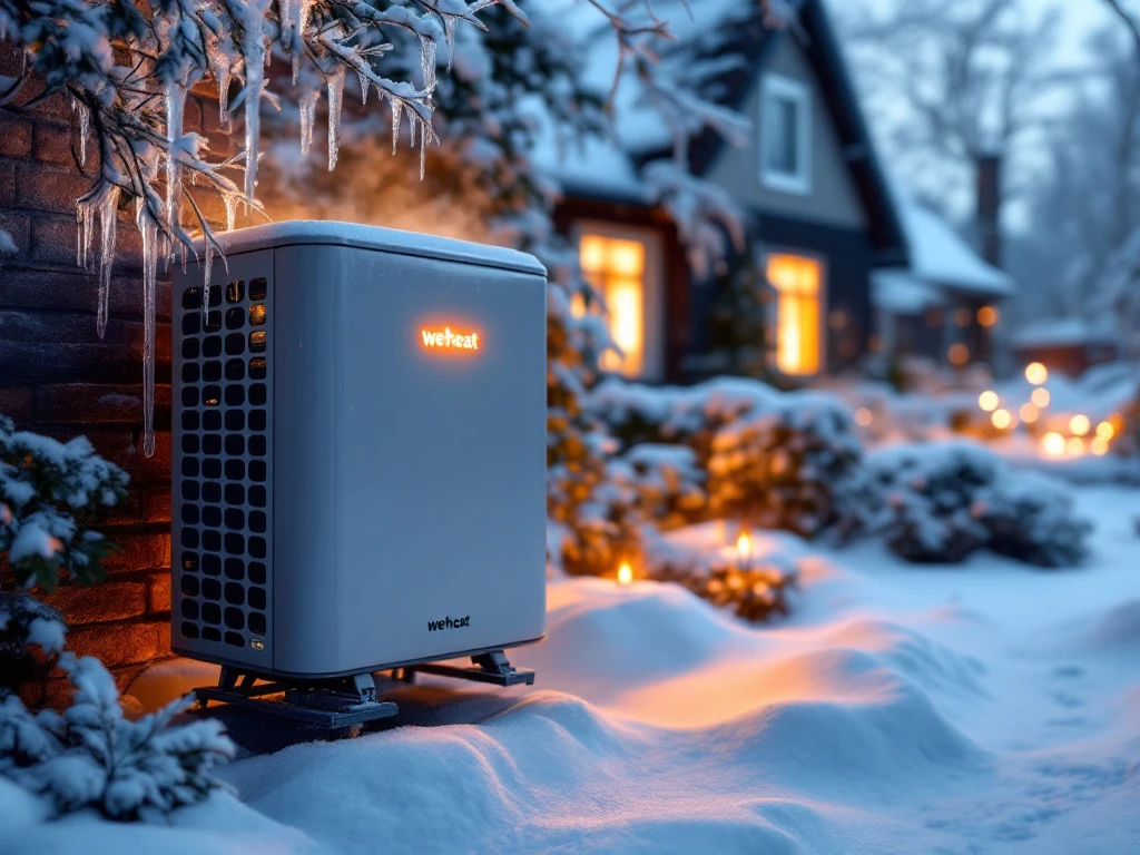 Weheat warmtepomp in winterlandschap met sneeuw en ijspegels, warme gloed van ventilatieroosters, huis op achtergrond