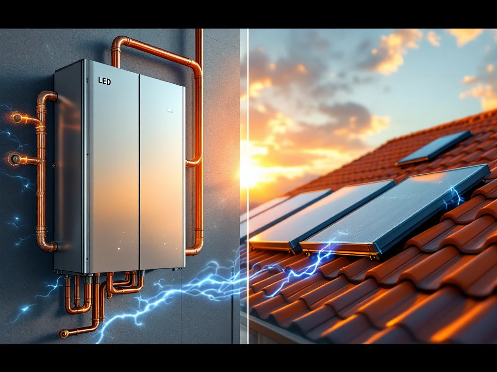Moderne thuisbatterij verbonden met zonneboilers op dak, blauwe energiestromen tonen duurzame energie-integratie
