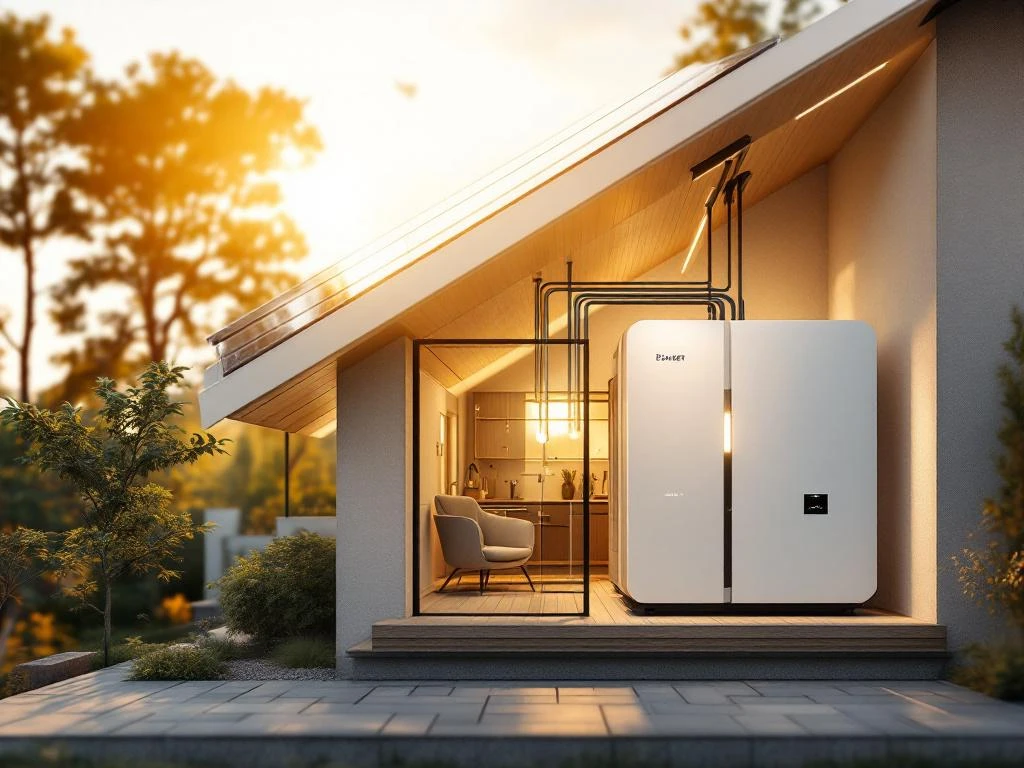 Dwarsdoorsnede van modern huis met zonnepanelen op dak verbonden met witte thuisbatterij in garage via energiestromen