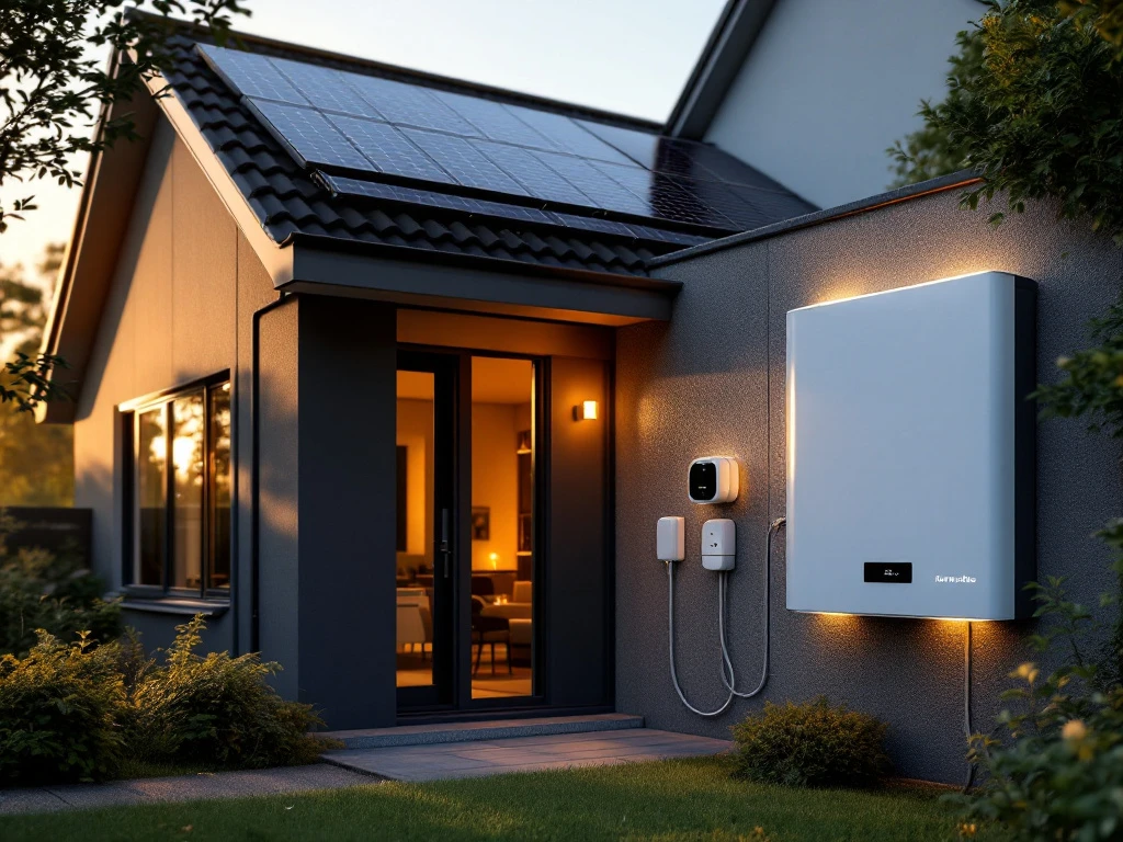 Moderne Nederlandse woning met zonnepanelen op dak en witte thuisbatterij aan gevel met LED-indicatoren bij zonsondergang