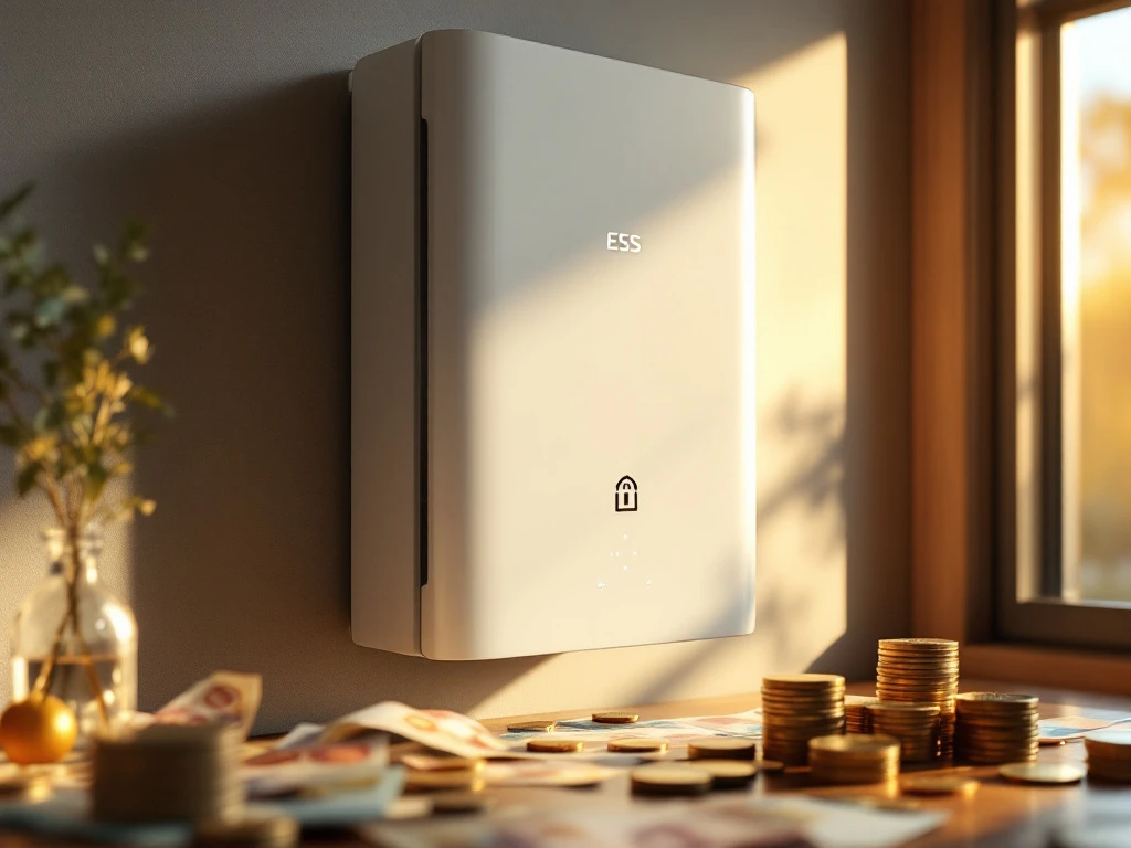 Witte Alpha ESS thuisbatterij aan muur met euro bankbiljetten en munten op voorgrond, natuurlijk licht door raam