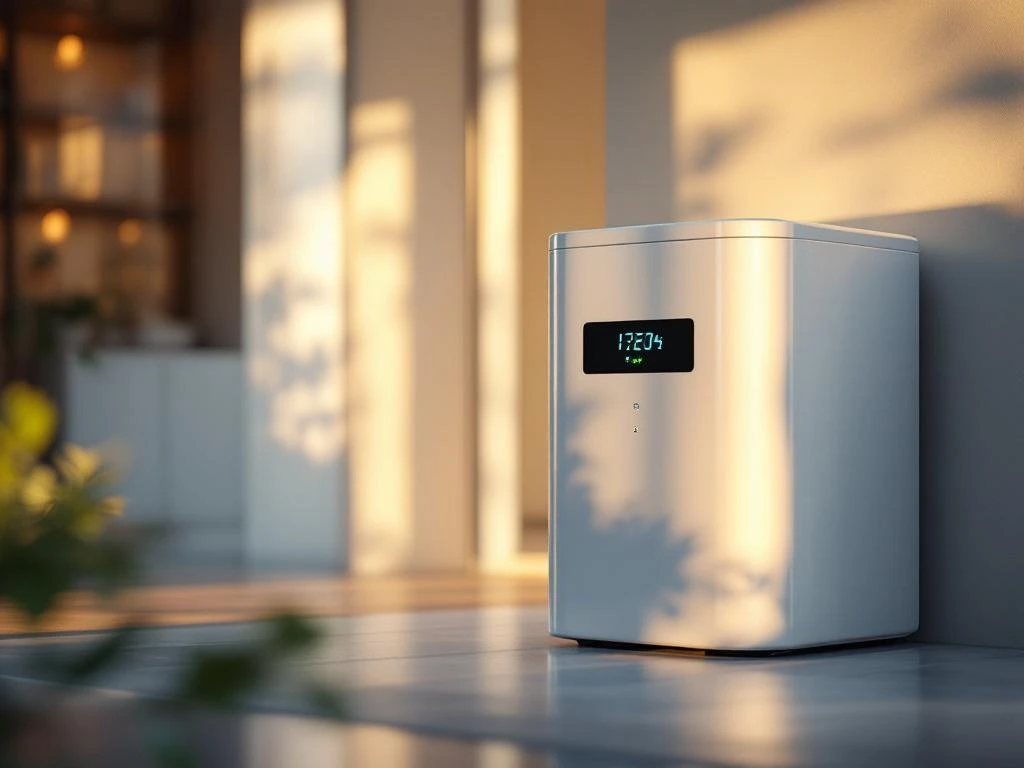 Witte huisbatterij met blauwe en groene LED-lampjes in moderne woning, zonnepanelen op achtergrond