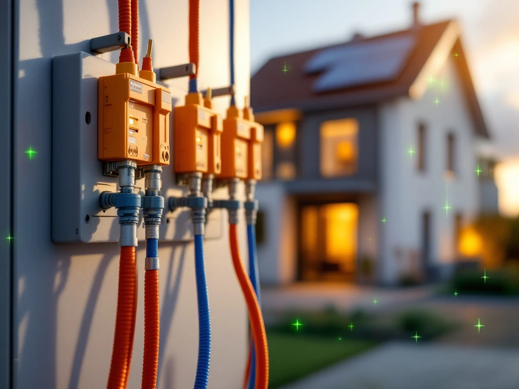 Moderne elektrische paneel met drie-fasen aansluitingen en Weheat warmtepomp bij Nederlands huis met zonnepanelen