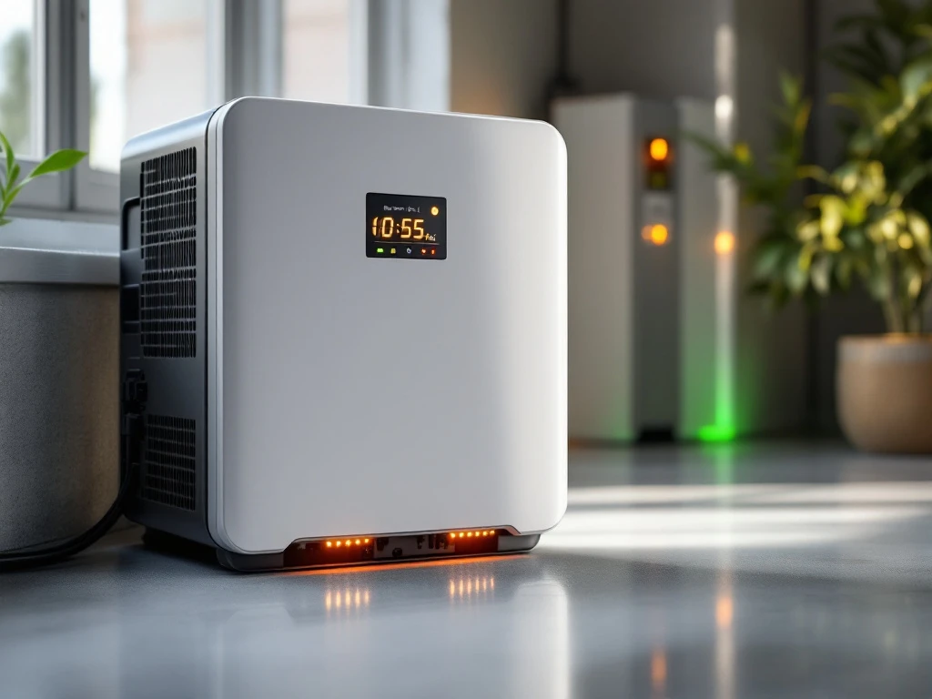 Moderne stroomomvormer met digitaal display en thuisbatterij met LED-statuslichten in hedendaagse energieopslag-opstelling