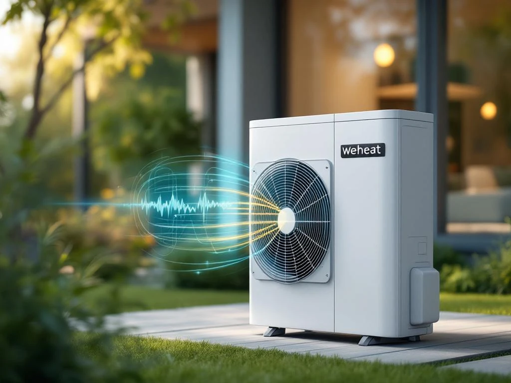 Weheat warmtepomp in rustige woonomgeving met geluidsgolven en decibelmeter die lage geluidsniveaus tonen