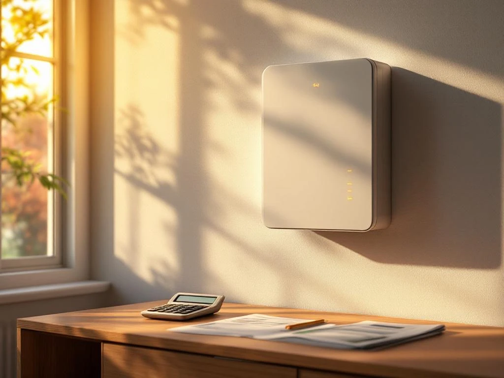 Witte thuisbatterij aan muur met calculator en financiële documenten op bureau, zonneschijn door raam