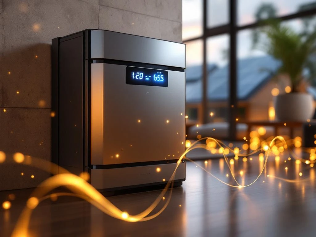 Moderne thuisbatterij met blauwe LED-indicatoren en energieniveaus op display in eigentijds interieur met zonnepanelen