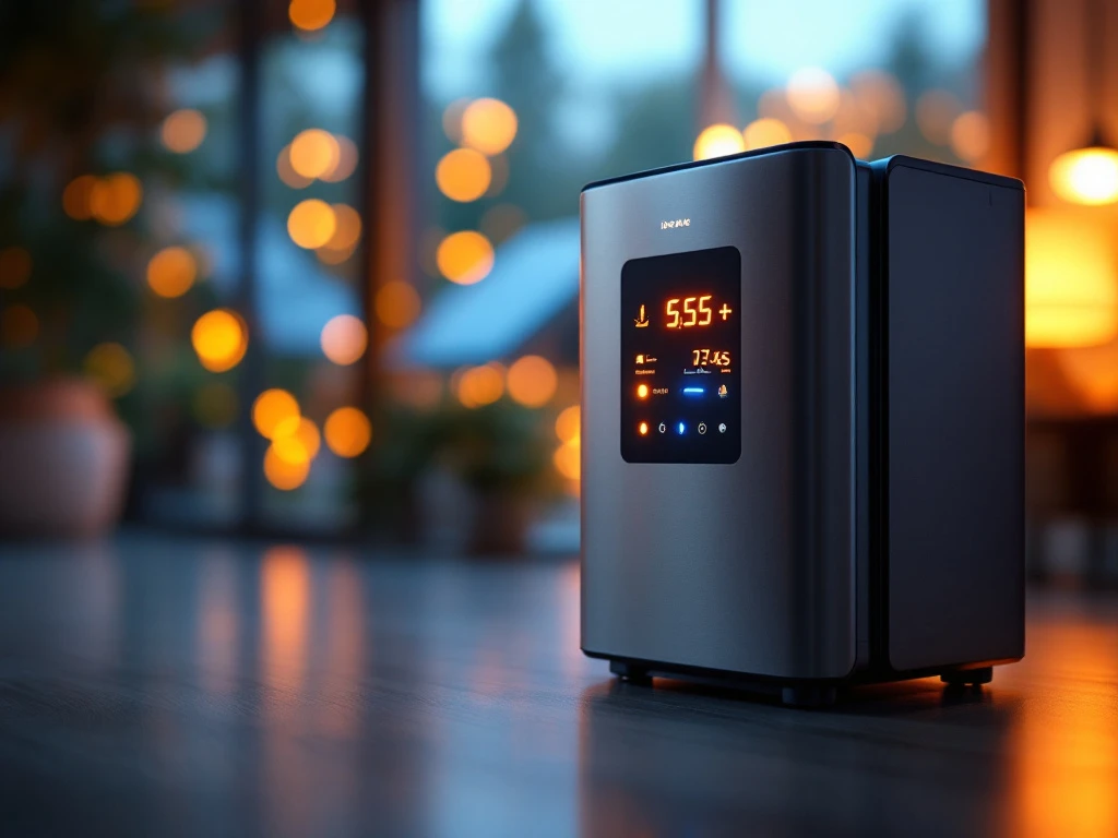 Moderne thuisbatterij met LED-indicatoren in hedendaags interieur, zonnepanelen zichtbaar op achtergrond