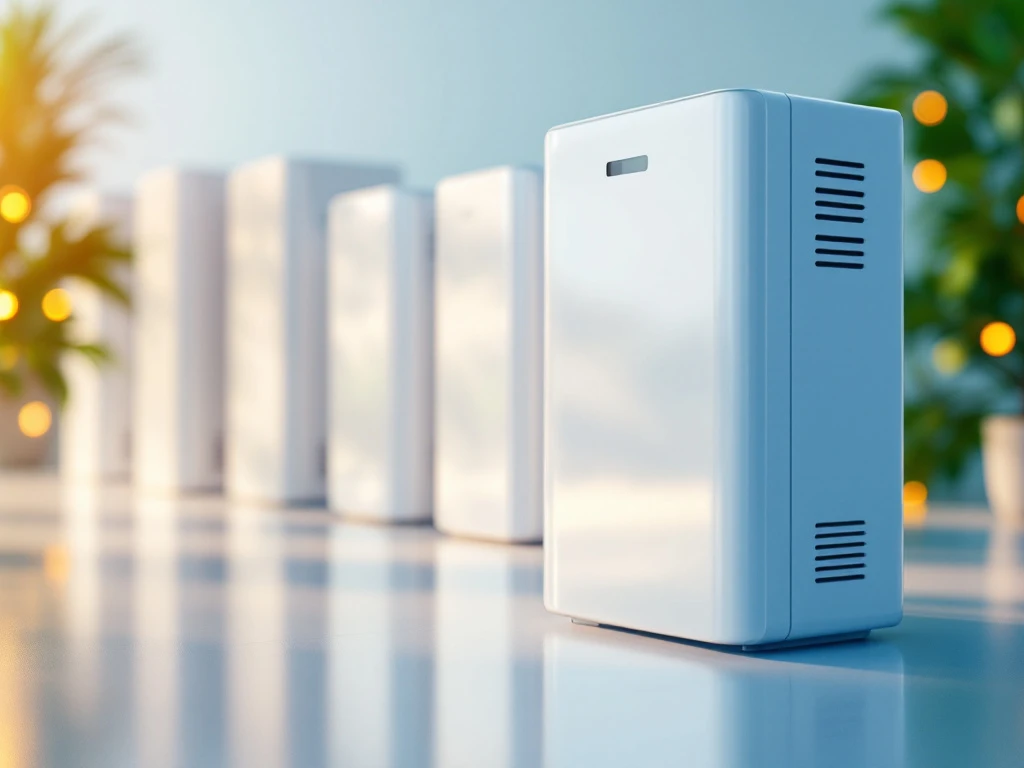 Moderne witte thuisbatterij met LED-indicatoren in close-up, meerdere units op achtergrond, duurzame energieopslag