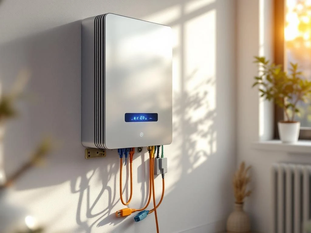 Moderne thuisbatterij op witte muur met blauwe LED-indicatoren en losgekoppelde elektrische kabels op voorgrond