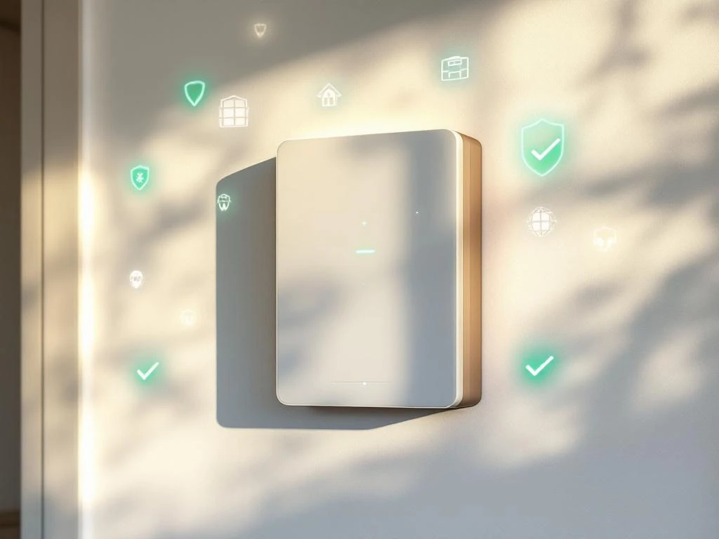 Moderne thuisbatterij met groene LED-indicatoren op witte muur, omringd door blauwe veiligheidssymbolen