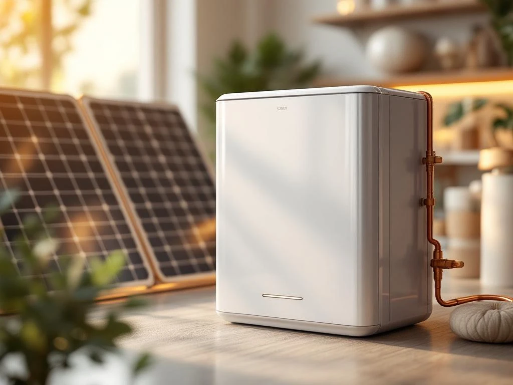 Moderne witte thuisbatterij met LED-indicatoren en zonnepanelen in duurzame woonomgeving met warme verlichting