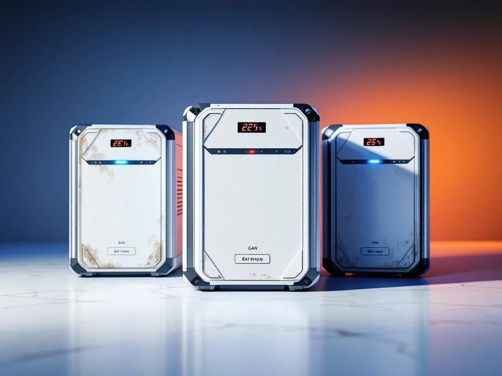 Drie moderne thuisbatterijen in verschillende staat van onderhoud op witte ondergrond met dramatische studiobelichting