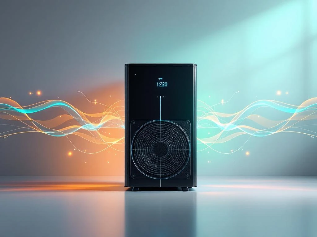 Zwarte moderne warmtepomp met blauwe energiegolven en R290 koelmiddel efficiëntie visualisatie op minimalistische achtergrond