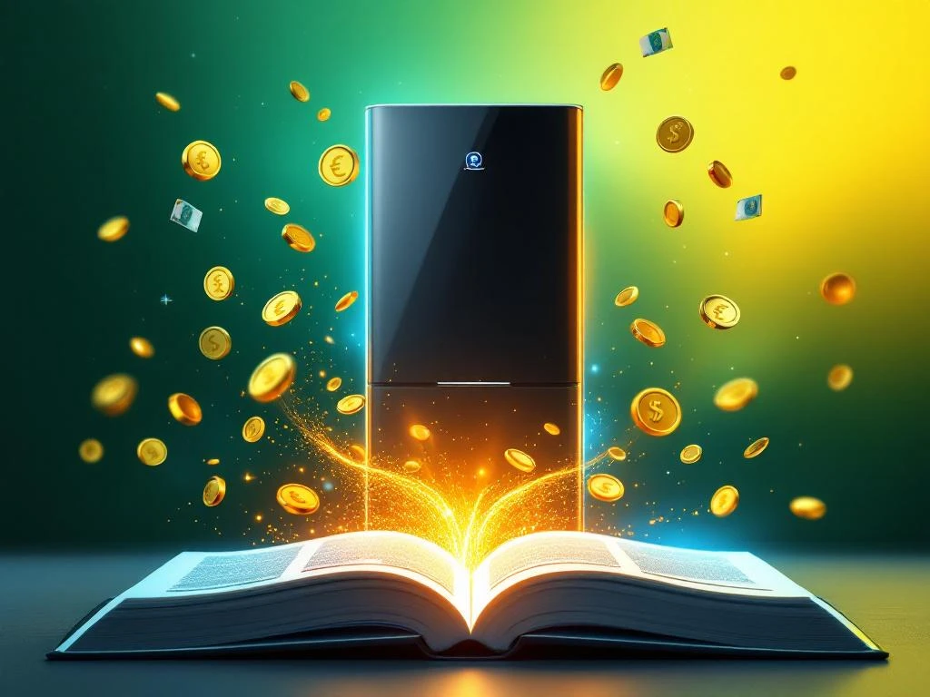 Moderne warmtepomp met energiegolven, omringd door euro munten en bankbiljetten, met gloeiend e-book op groene achtergrond